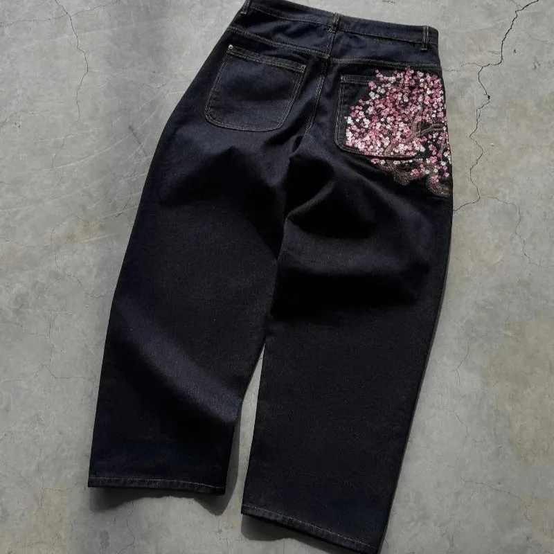 Y2K Baggy Jeans Cherry Blossom Embroidery Denim Pants Men Women American Hiphop Streetwear Wide Leg Denim Trousers