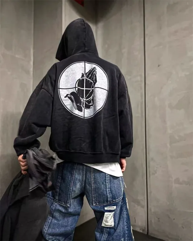 2025 Saint Star Pattern Printed Pure Cotton Washed Vintage Hoodie High Street Casual Loose Fashion Fleece Oversize Trendy Tops