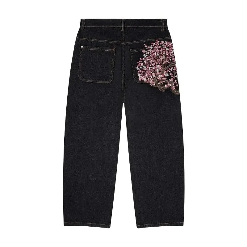Y2K Harajuku jeans Goth vintage plum blossom embroidery pattern wide leg pants men women denim fabric American style street wear — image 8