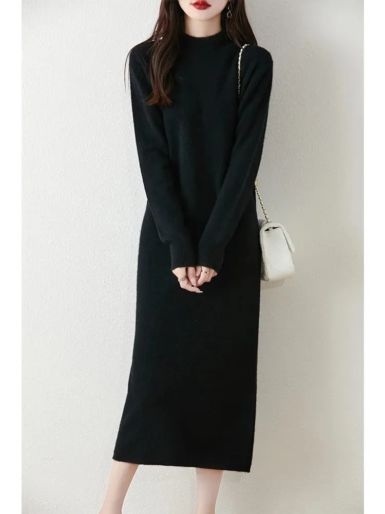 Autumn Winter Women's Wool Long Dress Cashmere Mock Neck Pullover Sweater 100% Merino Wool Soft Knitwear OL Simple Basic Dress — image 6