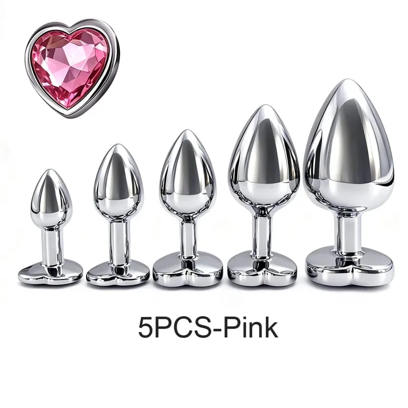 5 Sizes Metal Anal Plug Set with Heart Base Smooth Prostate Massage Butt Plug Sex Toys for Men Women Couples