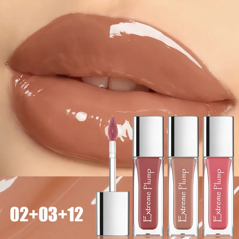 3 db Extreme Plump ajakfény szett Mirror Glass Finish Hosszan tartó hidratáló ajakmáz Nem ragadós vízálló Nude folyékony rúzs — image 2