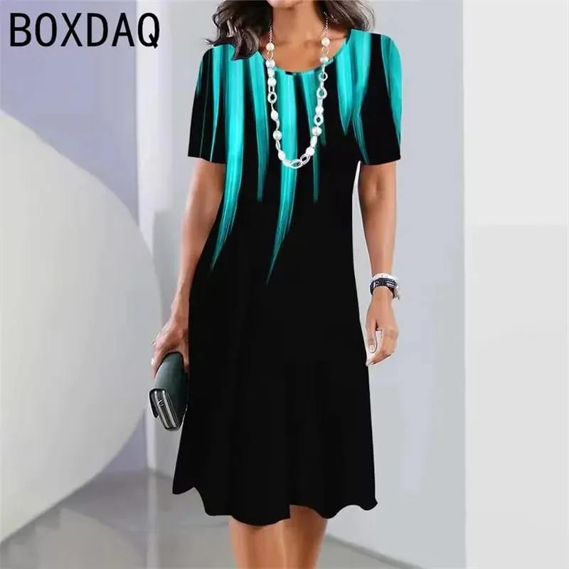 Big Size Women Dress 3D Colorful Gradient Print A-Line Dress Summer O-Neck Short Sleeve Casual Dress Elegant Loose Mini Dresses