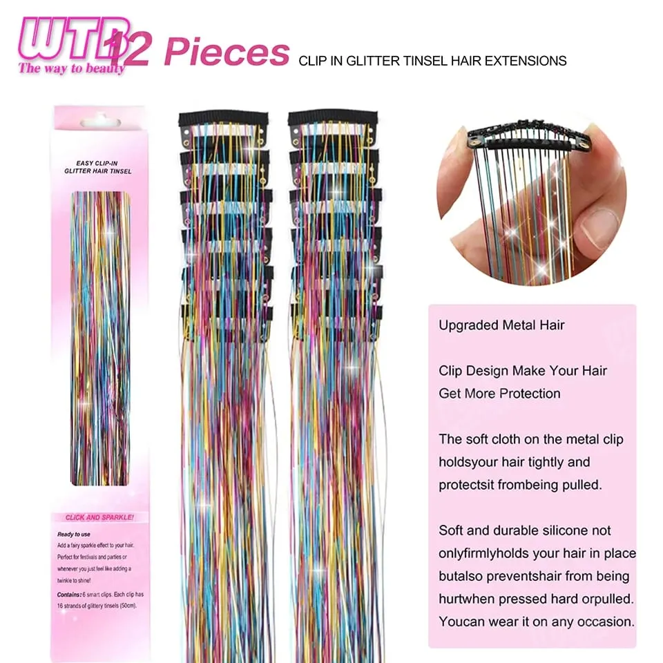 12Pcs Synthetic Hair Tinsel Clip In Glitter Tinsel Hair Extensions Clip In Hair Shiny Sparkle Fairy Hair Accessories For Women — image 4