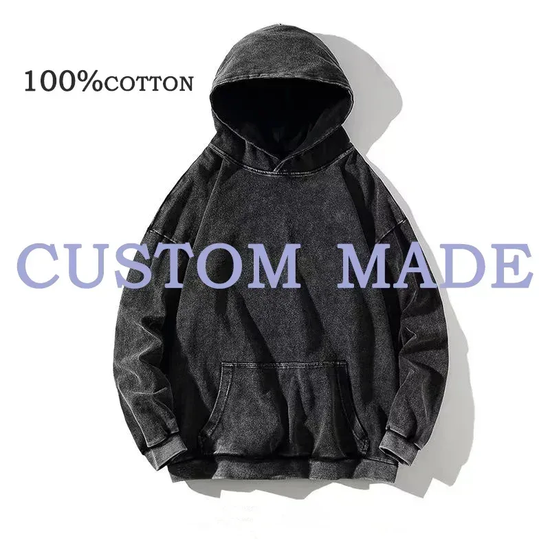 HAI Customizable Retro Washed Hoodies 100% Cotton Tops Black Acid Vintage Hooded Sweatshirts Oversize Hip Hop Male Pullover