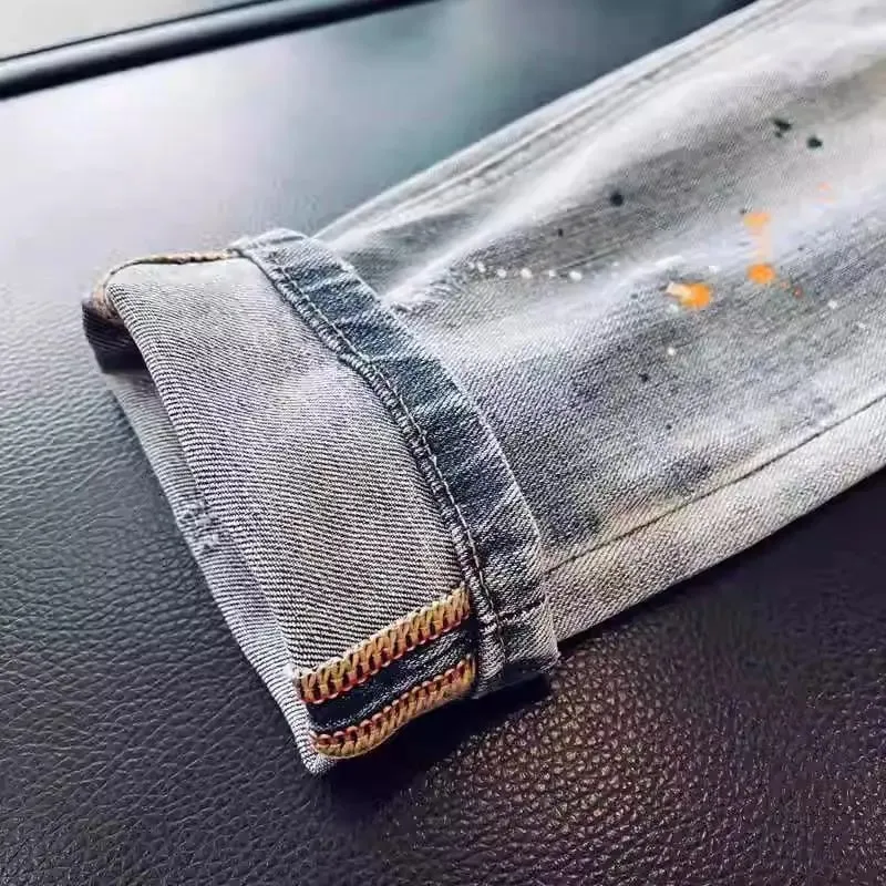 High-end Luxury Clothing Light Blue Jeans Men Fashion Ink Splatter Autumn Slim Pencil Pants Spring Autumn Designer Denim Jeans — image 4