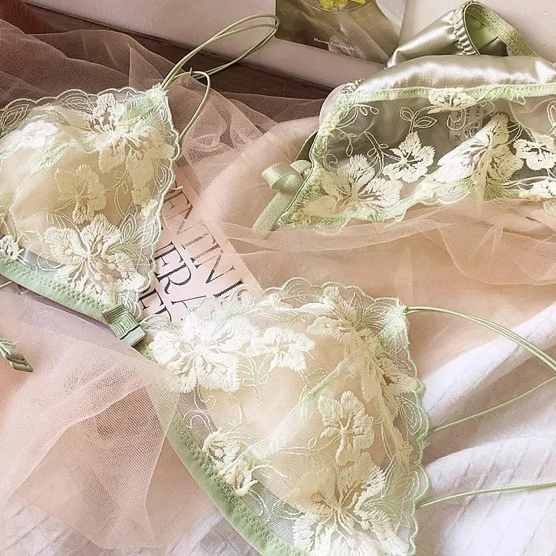 Pháp Hốc Bộ Đồ Lót Ren Lưới Thêu Tam Giác Cúp Không Dây Áo Bralette Retro Ren Mỏng Gợi Cảm Áo Ngực Thoải Mái USA Tushy MOYISU — image 1