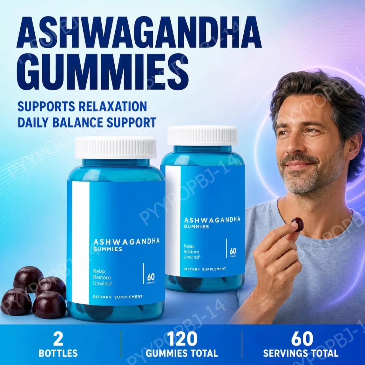 3-Pack Gummies Sæt: Ashwagandha til afstressning af tarmsundhed Probiotika + ACV Detox Vegansk Glutenfri Supplement 60 Ct hver — image 1