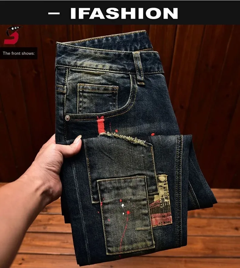 Jeans men's autumn and winter slim-fitting small straight elastic trend American patchwork retro denim nostalgic trousers — image 7