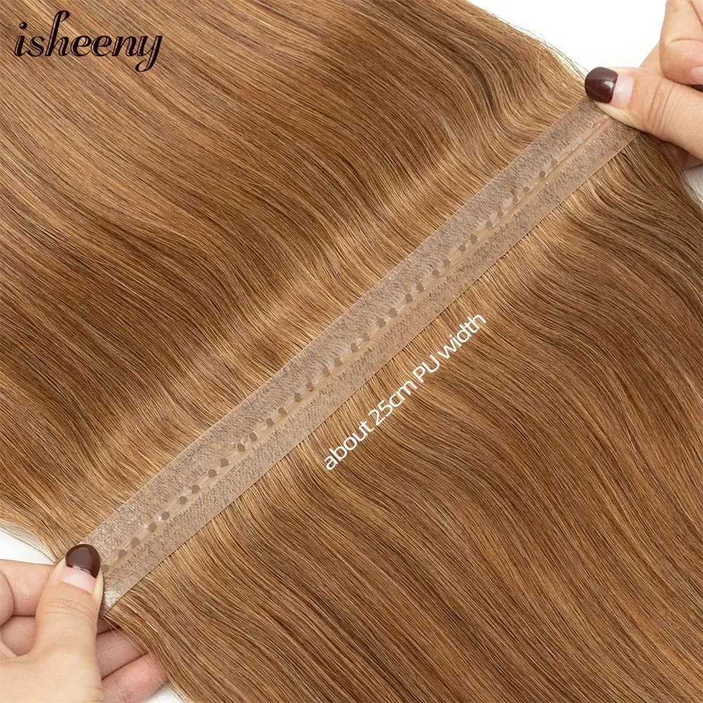 Invisible XO Hole Human Hair 12"-24" Flat PU Skin Weft Hair Extensions Natural Brown Micro Rings Hair Bundles 40-50g Isheeny — image 3
