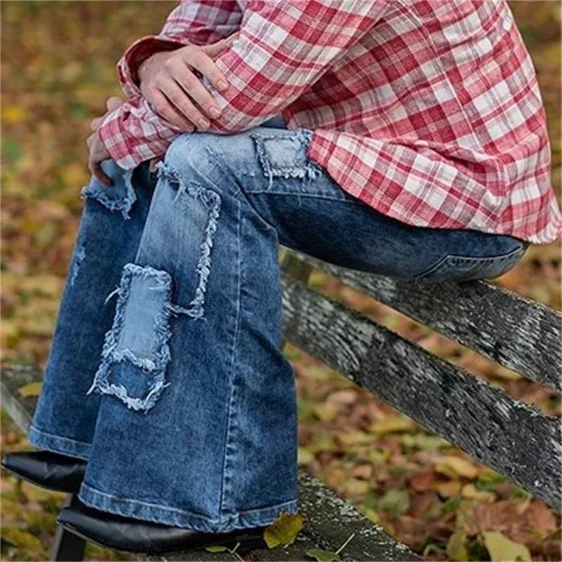 Vintage Patch Stretch American Style Flared Jeans Men's Streetwear Button Splicing Pocket Male Youth Daily Casual Denim Pants 23 — image 6