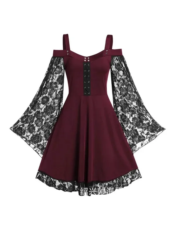 2022 New Gothic One-shoulder Lace Stitching Flared Sleeve Dress Literary Vintage Autumn Grunge Black A-line Dress Punk Partywear
