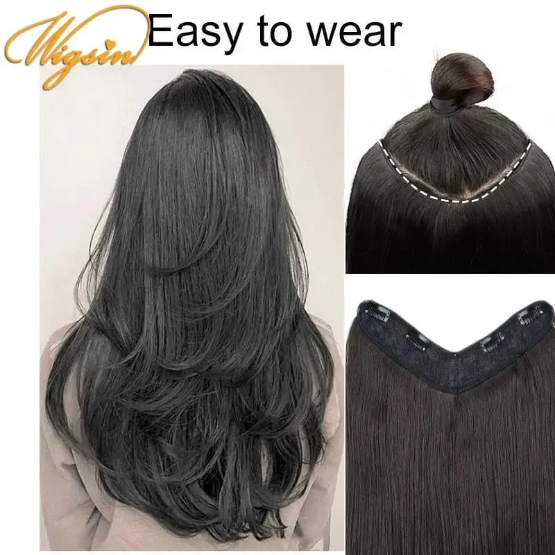 Synthetic 55cm V-shaped Layered 4 Clips Long Straight Hair Extension Natural Invisible Hairpiece Wig for Women — image 7