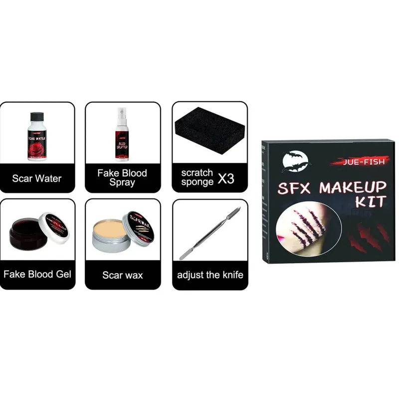 Halloween Special Effects Makeup Kit 1Pc Fake Blood Gel Scar Water Scar Wax Adjust Knife Fake Blood Spray 3Pcs Sponge Set