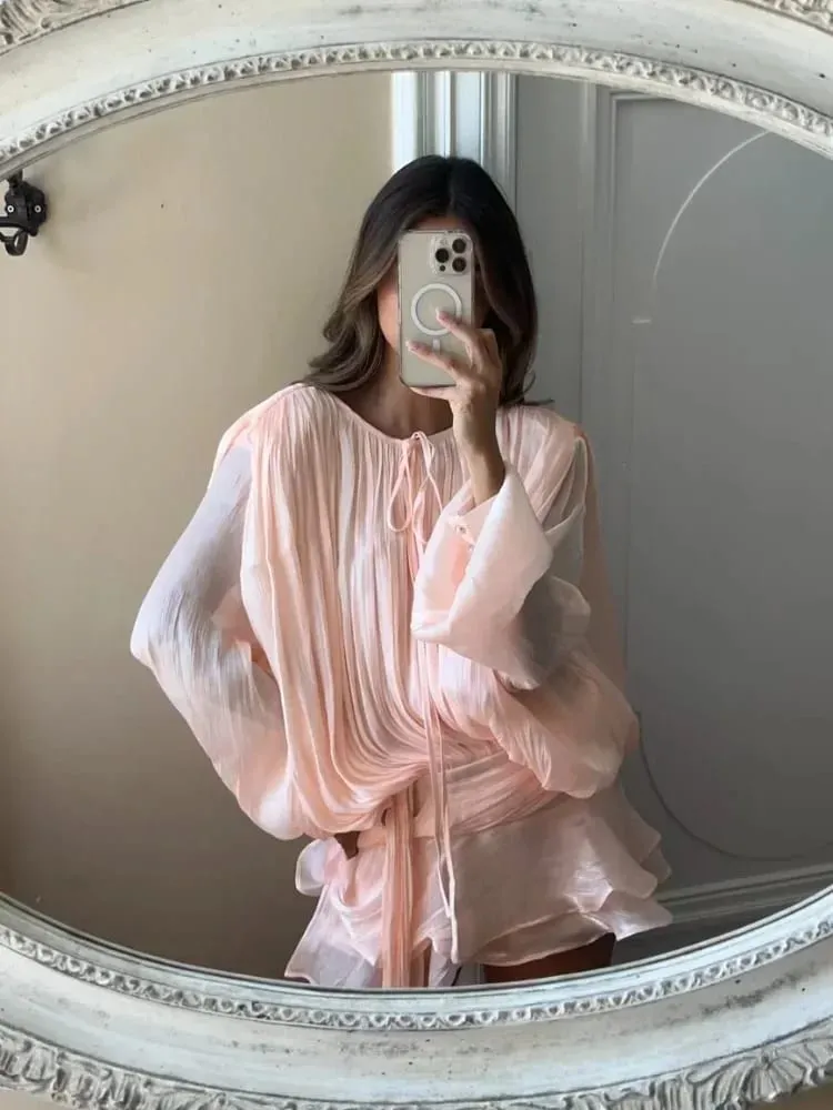 Elegant Pink Pleated Mini Dresses Women A-line Bubble Sleeve Lace Up Party Short Vestidos 2026 New Dinner Lady Night Summer Gown