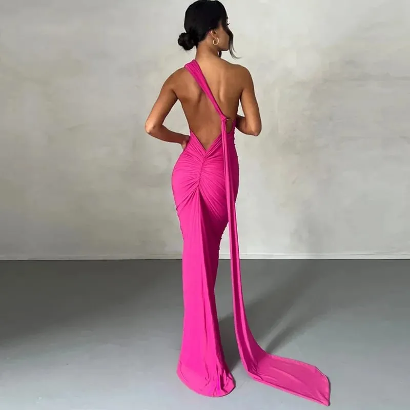 Kvinnor ärmlös maxiklänning med en axel, justerbar halsduk Loop Ruched Backless Bodycon Festival Festoutfit Elegant långklänning — image 9