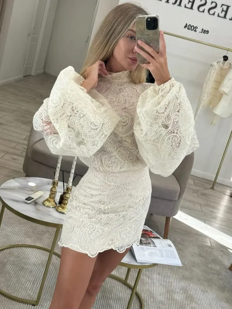 Women Solid Hollow Out Lace Mini Dress High Collar Flare Long Sleeves Short Vestidos Chic Lady Elegant Night Party Club Gowns — image 3