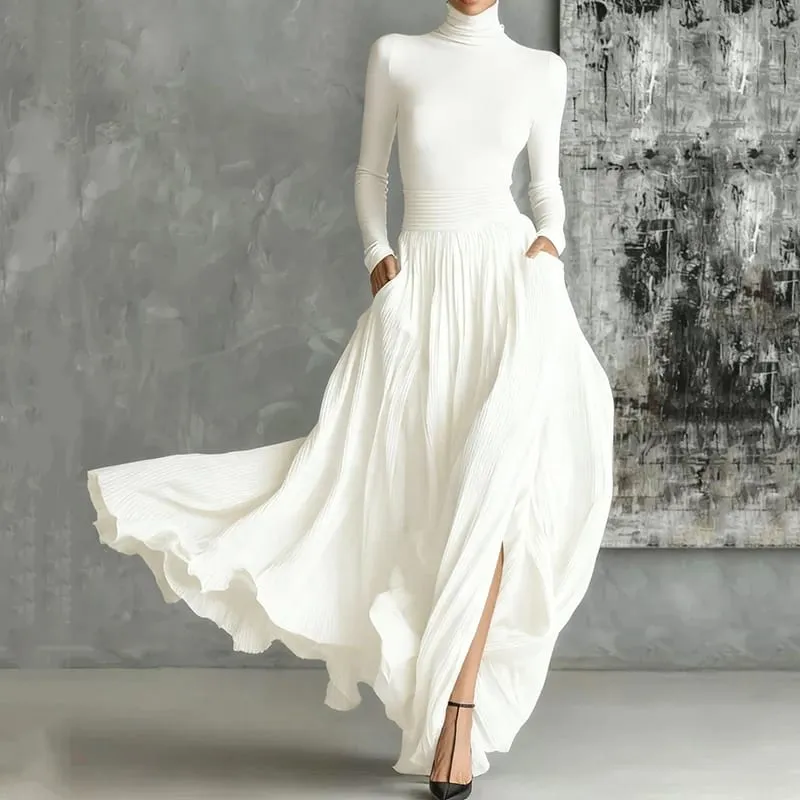 ฝรั่งเศส Elegant 2 ชิ้นชุดกระโปรงสำหรับสตรีกระเป๋า Solid Minimalist แยก Hem จีบสายคอเต่าวินเทจ Slim ชุด — image 1