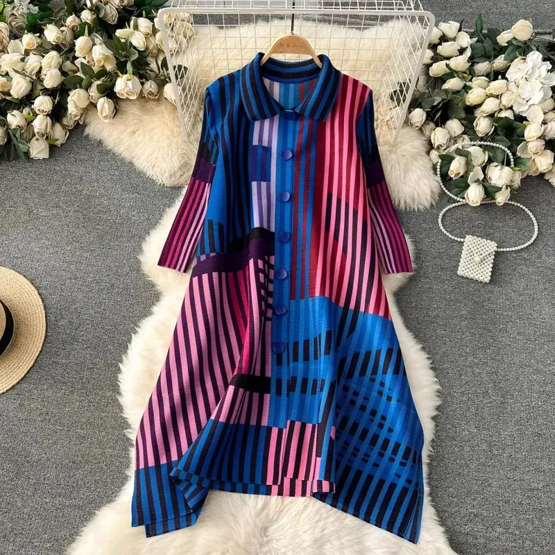 Miyake Pleated Drape Dress Women 2024 Jaro Léto Colorblock Potisk Klopa 3/4 rukáv Jednořadé módní košilové šaty — image 6