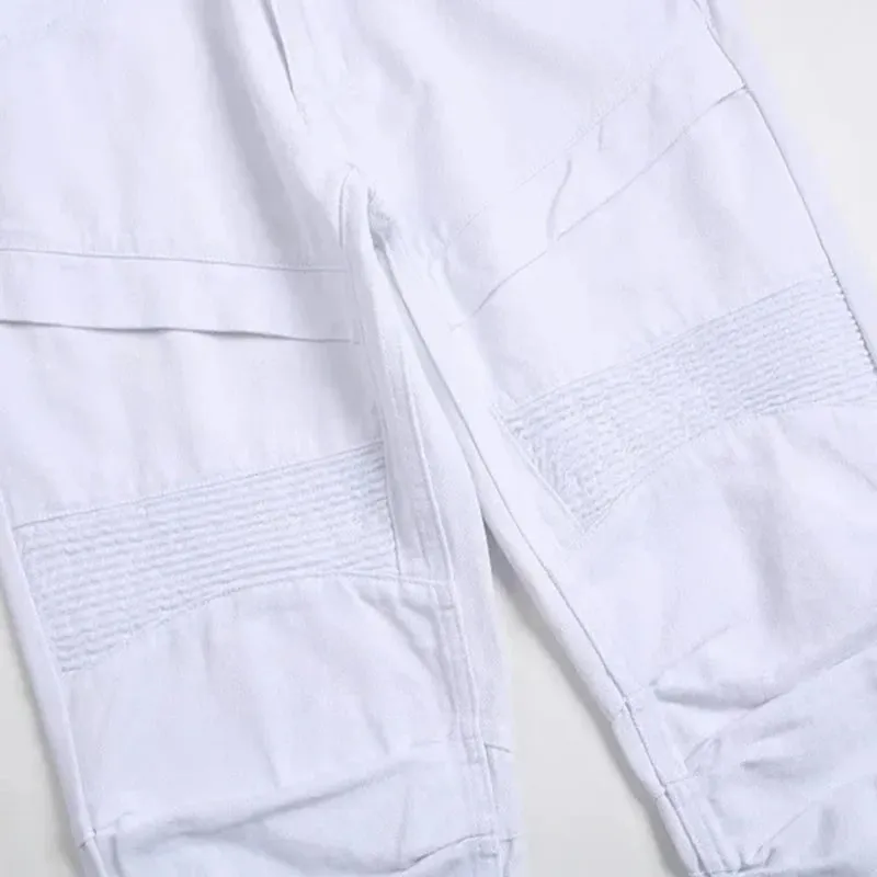 New Men's Slim Jeans White Motorcycle Trendy Casual Patchwork Denim Trousers Fashion Tight Folding Male Pants (without Belt) — image 7
