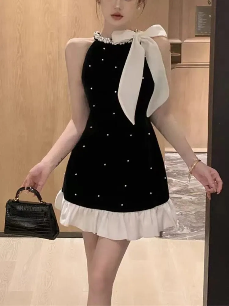 Summer Bow Sweet Party Dress Women Sequin Elegant Strap Mini Dresses Female Korean Fashion Patchwork One Piece Dress 2024 New — image 3
