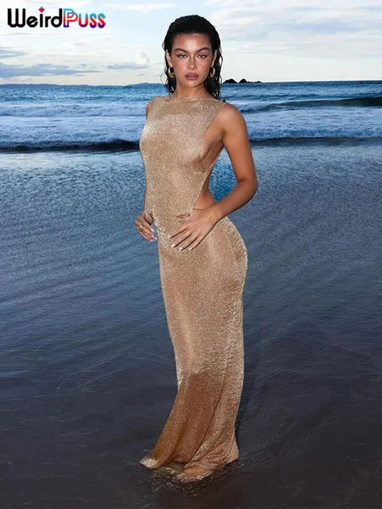 이상한 Puss See Through Dress 여성 2024 여름 얇은 민소매 반짝이 스플릿 Coquette Backless Clubwear Beach 섹시한 베스 티드 — image 6