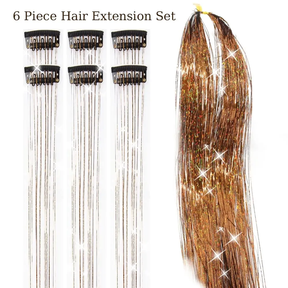 Balení 6ks Clip In Tinsel do vlasů 20palcový barevný třpytivý Tinsel Prodlužování vlasů Festivalový dárek Tinsel Fairy Hairpiece