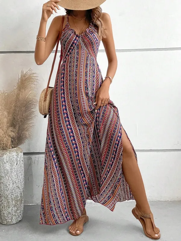 Women's Summer Ethnic Pattern Backless Split Thigh Dress Ladies Summer Clothes Boho Fashion Frill Trim Long Dress for Beach — image 8