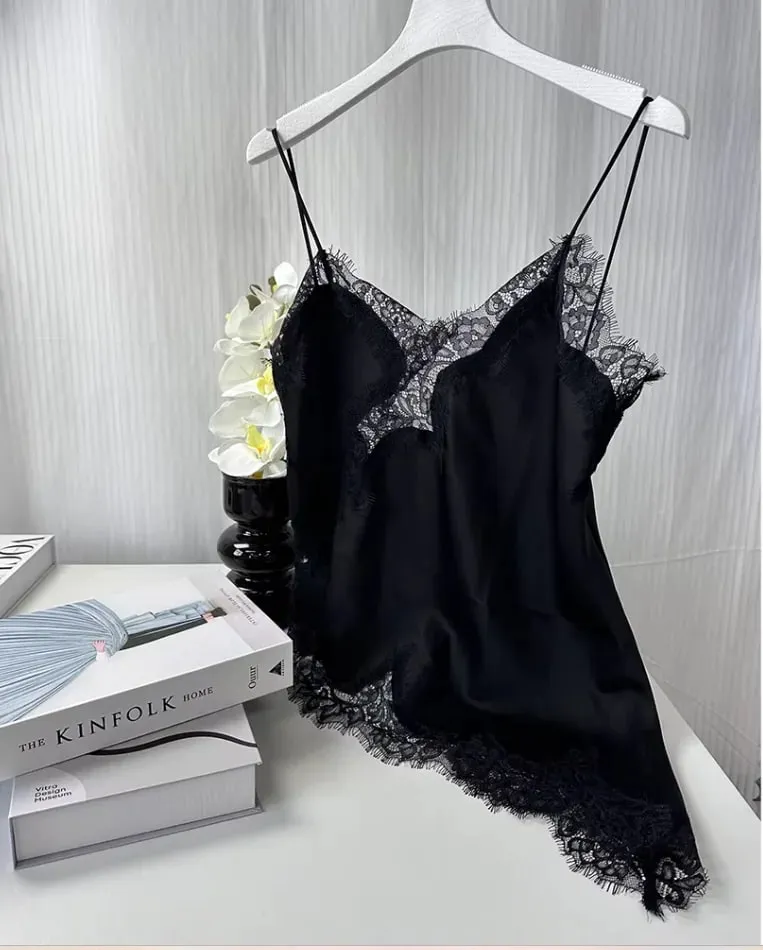 Sexy Chic Black Lace Cami Tops Women V Neck Patchwork Sleeveless Y2K Girl Top Fashion 2025 Summer Fall Holiday Beach Top — image 16