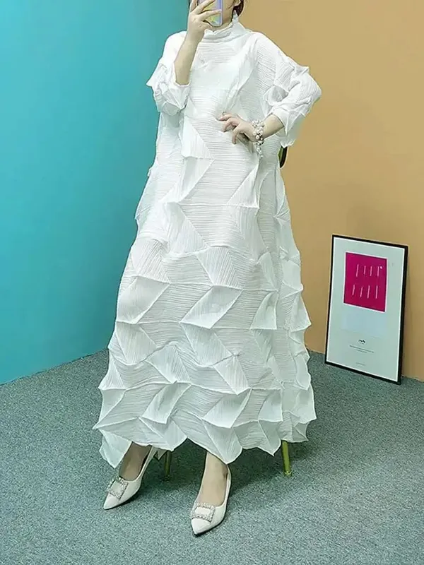 Pleated Maxi Dress For Women Turtleneck Solid Color Loose Style Female Fashion Clothing 2025 Spring Summer New 2DA3596 — image 7