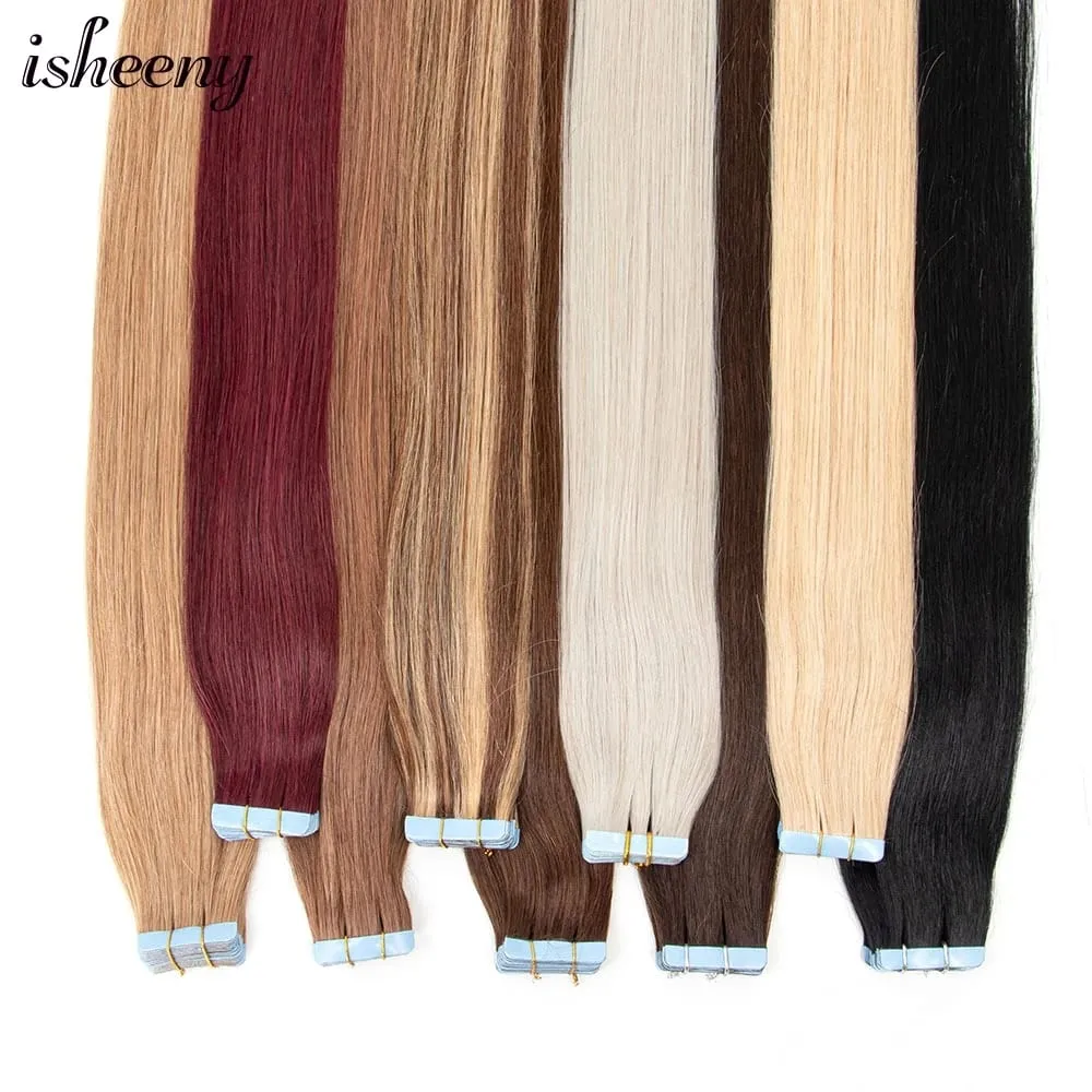 Isheeny Tape in Human Hair Extensions Straight 12"-20" Natural Machine Remy Tape Hair Extension 20pcs Black Brown Blonde Hair — image 2