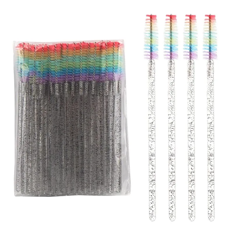 50pcs Disposable Crystal Eyelash Brush Lash Extension Makeup Brushes Mascara Wand Applicator Eyebrow Comb Rainbow Microbrush