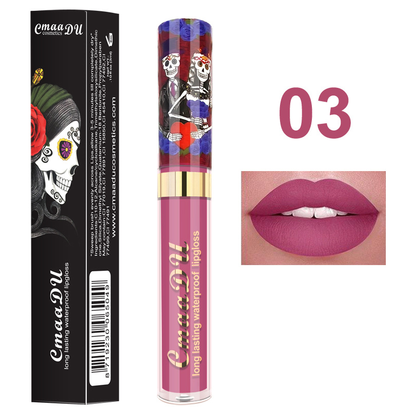1pcs Matte Lip Gloss - Long-Lasting Waterproof Non-Fading for All Skin Types - Vibrant Red Shades with Floral & Skull Designs