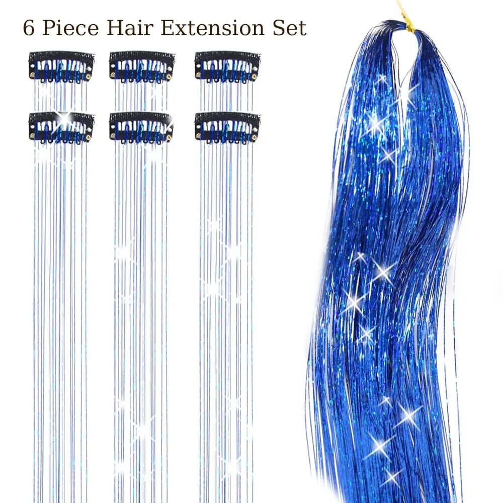 Balení 6ks Clip In Tinsel do vlasů 20palcový barevný třpytivý Tinsel Prodlužování vlasů Festivalový dárek Tinsel Fairy Hairpiece