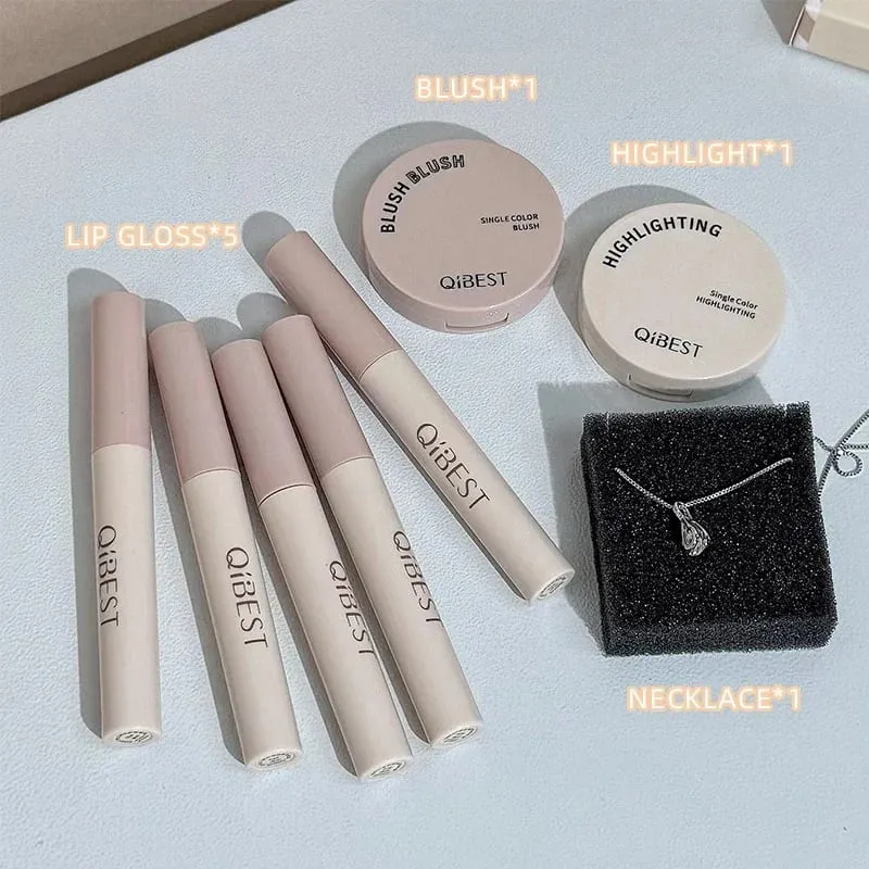Retro Mail Design Multipurpose Face Makeup Set Include 5 Liquid Lipstick 1 Blush 1 Highlight And 1 Necklace Cosmetics Kit — image 5