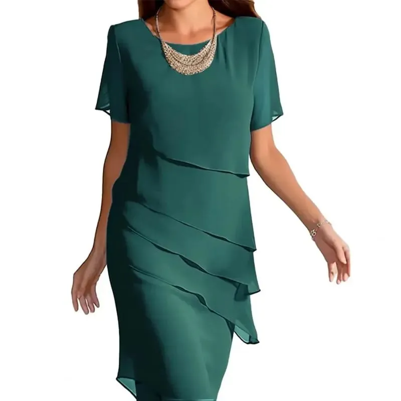 New Women's Dress O-neck Short-sleeved Ruffle Elegant Solid Color Simple Fashiona Midi Skirt — image 6