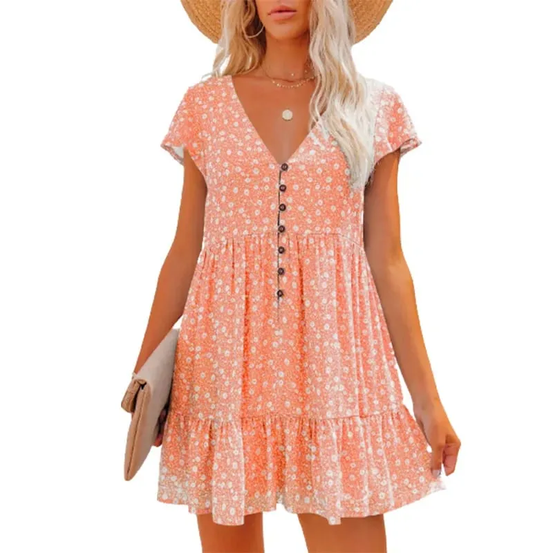 In Europe and the spring and summer independent stand v-neck button small broken flower loose women's leisure dress with short s — image 5