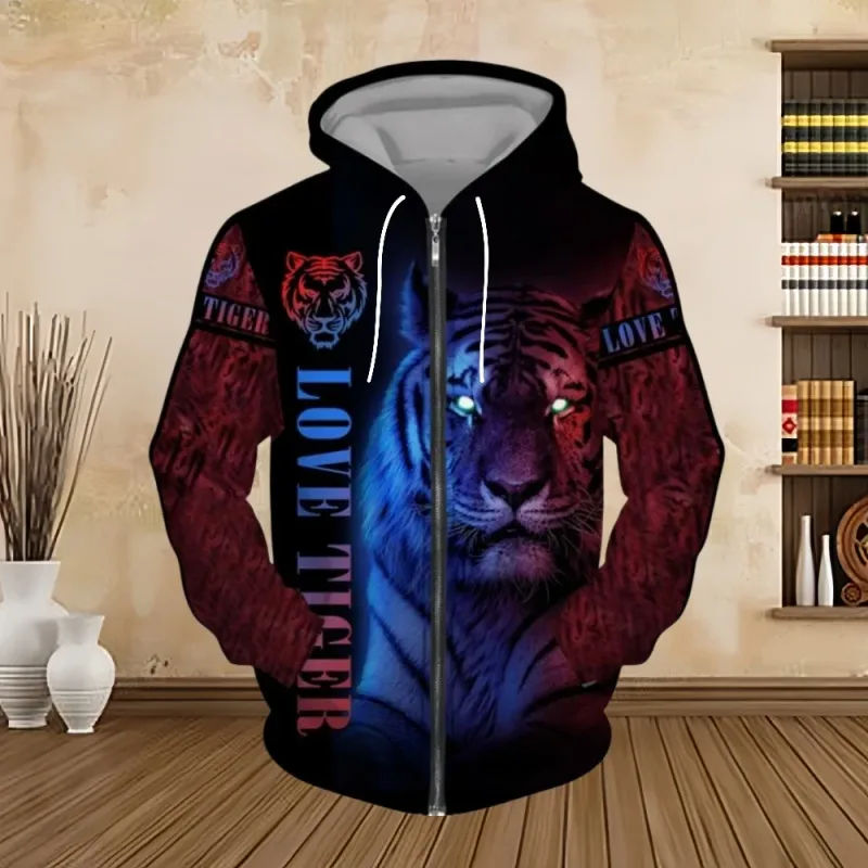 Sweatshirt Hoodie Lelaki Musim Bunga dan Musim Luruh Cetakan Digital 3D Siri Harimau Zip up Hoodies Fesyen Baju Sweat Peribadi untuk Lelaki — image 13