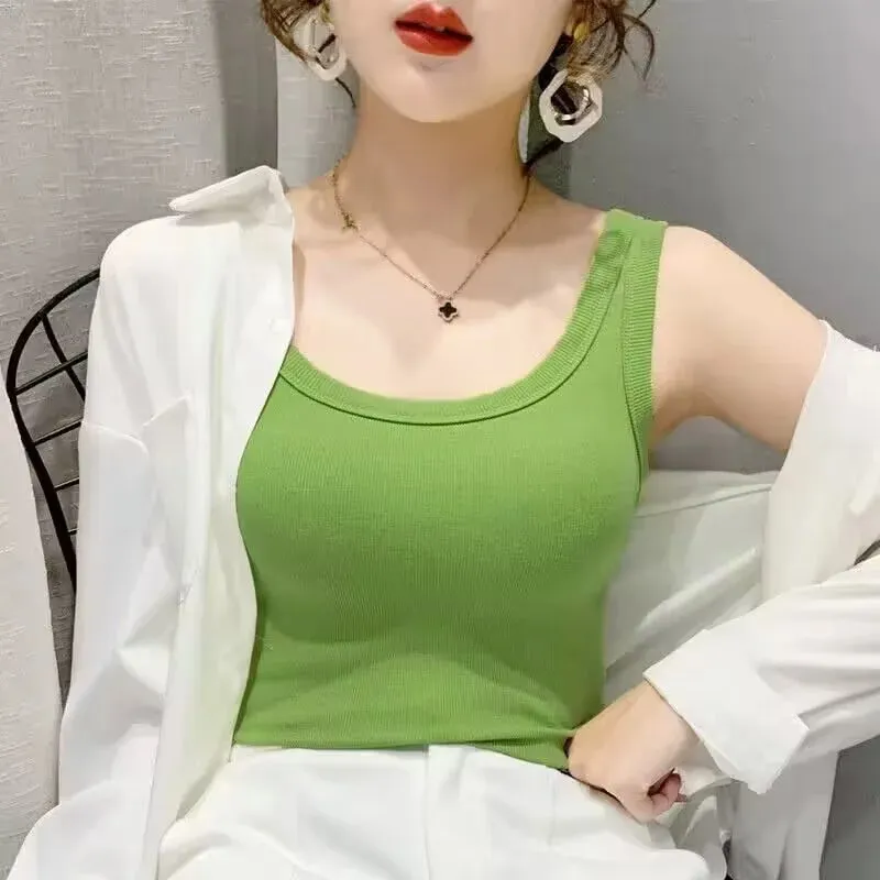 2023 Summer Women Basic Ribbed Knitted Tank Top Solid Color Sleeveless T-shirts Casual Camis Green Blue Elastic Female Tops — image 11