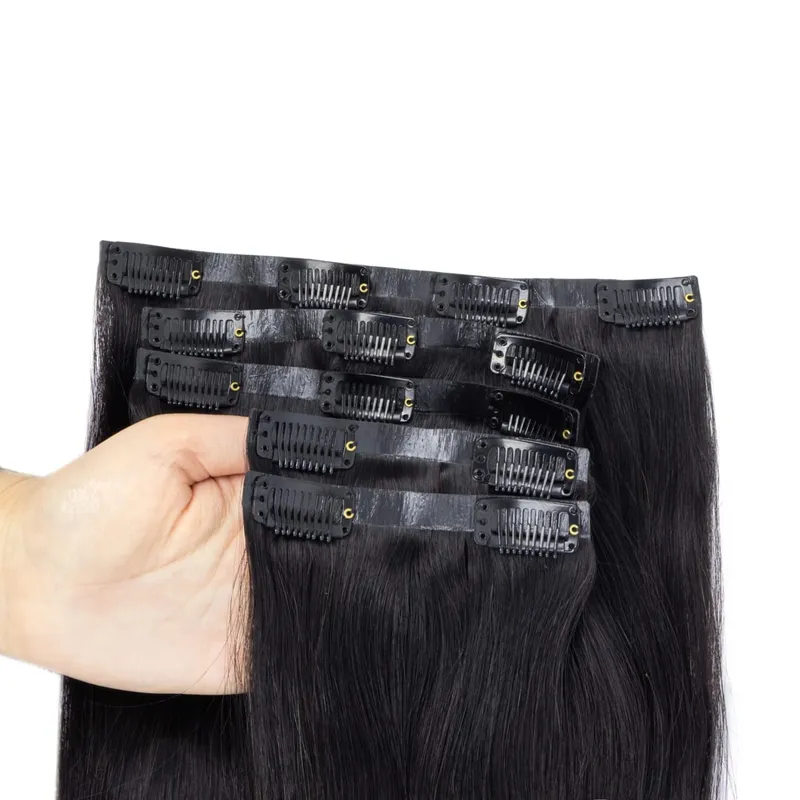 Bezešvé PU prodlužování vlasů Clip In Skutečné přírodní Neviditelné PU pásky Útkové Clip Ins Stroj Remy 12-24inch Invisible Clip Ins 7PCS