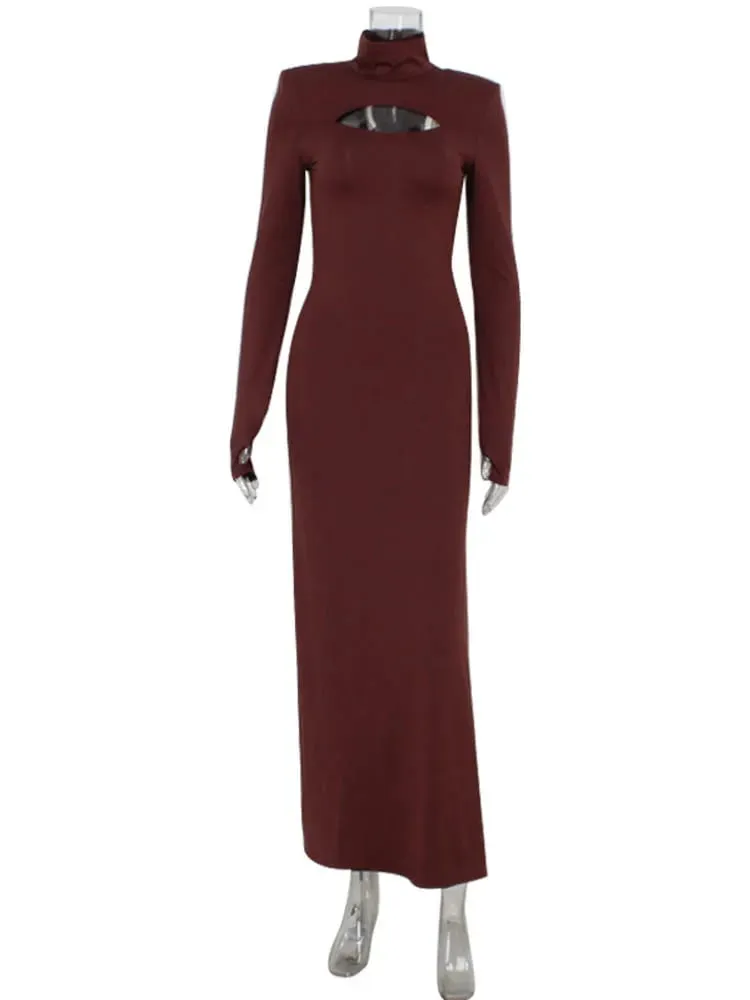 Ahagaga-Vestidos largos sexys para mujer, vestidos lisos de cuello alto, mangas largas regulares, calados, ajustados, ajustados, para fiesta