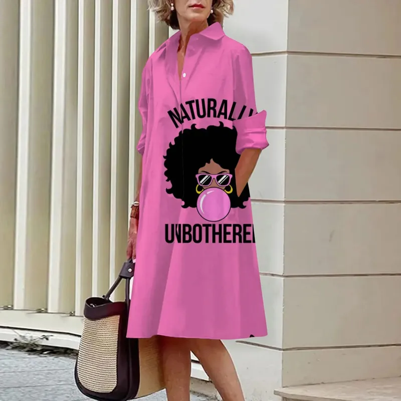 Women's Long Work Dresses Turtleneck High Waist Tie Button Face Pattern Printed Shirt Dresses Button Loose Spring and Summer — image 14