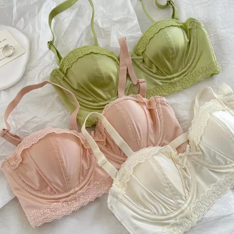 French girly underwire push-up bra Sweet lace edge half cup lingerie women's thin cup with anti-sagging bra set — image 3