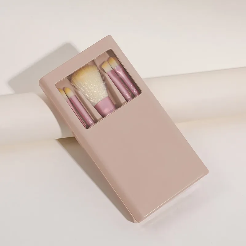 Bærbart mini makeup børste sæt med spejl etui 5 stk rejse makeup børster til foundation øjenskygge concealer