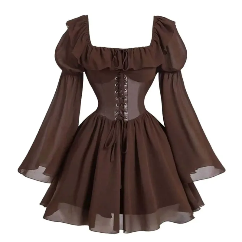Zaman Renaissance Abad Pertengahan Baru Lengan Panjang Wanita Bubble Sleeve Dress Halloween Fesyen Retro Parti Baharu Skirt Pinggang