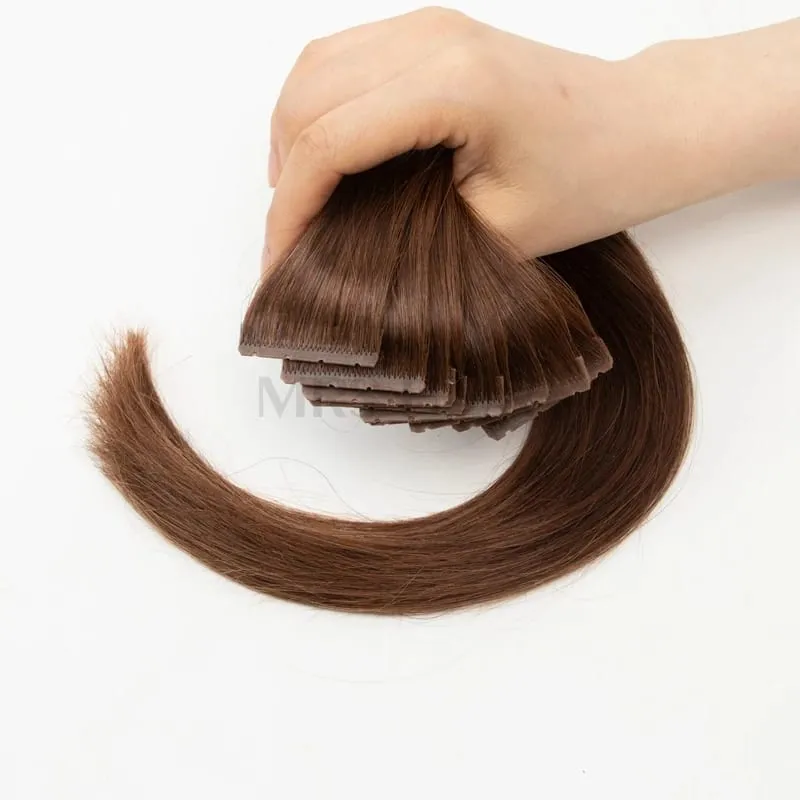 Invisible PU Hair Weft Twin Tabs Human Hair Extensions Brown 10PCS Machine Remy Hair Extensions with Holes Micro Beads Bundles