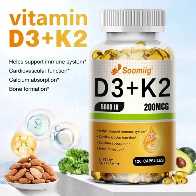 Soomiig Vegetarian Vitamin D3+K2 Capsules Promotes Calcium Metabolism Fracture Bone Health Heart and Immune System Support