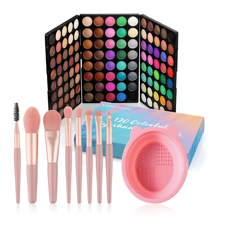 3pcs Makeup Kit 120 Colors Eyeshadow Palette With 8Pcs Makeup Brushes & Foldable Silicone Brush Cleaning Bowl for Daily Parties