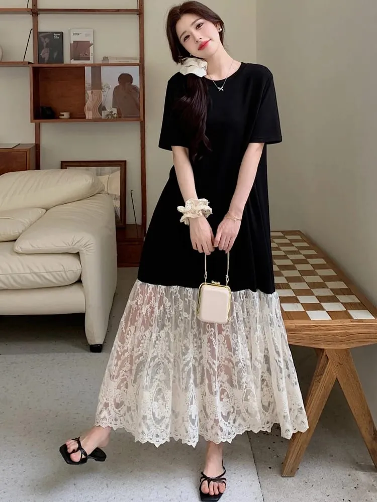 plus Size Women's Lave Patchwork Dress Summer 2026 Loose Long Dresses Robe Elbise Short Sleeve Korean Style Floral Hem — image 3