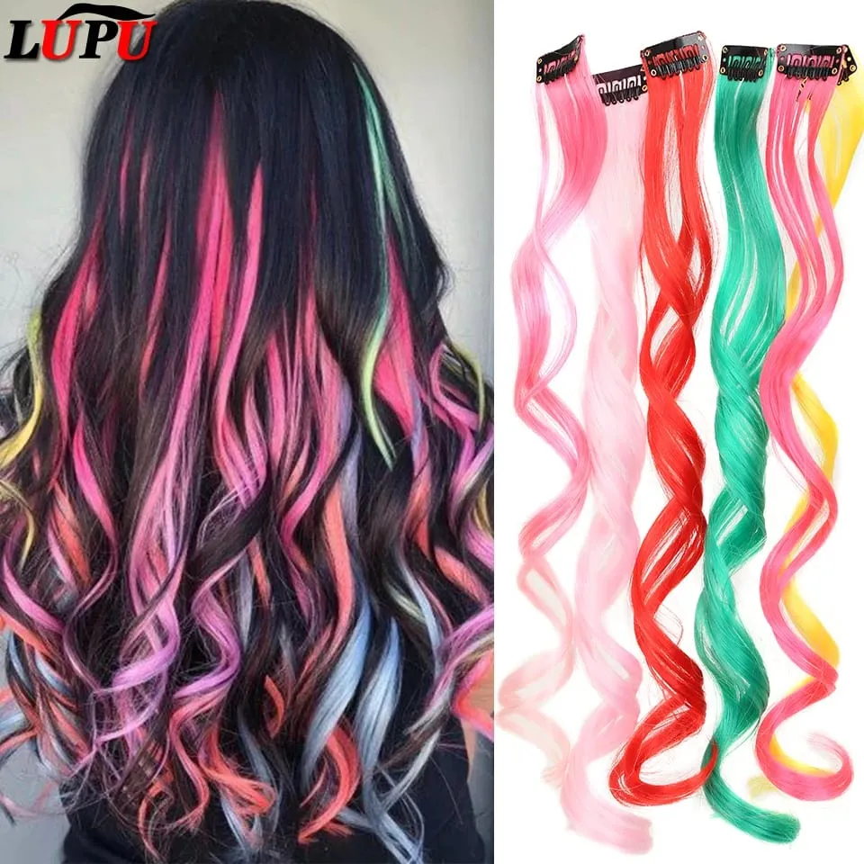 Synthetic Hair Extensions With One Clip Heat Resistant Rainbow Hair Piece For Kid Women Long Curly Wavy Style Colorful Hair